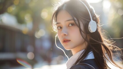 Fototapeta premium Photo of a real 18-year-old Chinese girl wearing a school uniform, long hair, thin eyebrows, wearing headphones, sunny outdoor background, real photo effect, with bright photo effect.