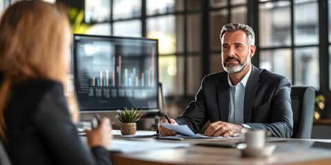 Professional Bank Manager in Modern Office, Listening to Client with Documents, Welcoming Expression, Business Casual Attire, Financial Charts on Screen, Collaborative Atmosphere
