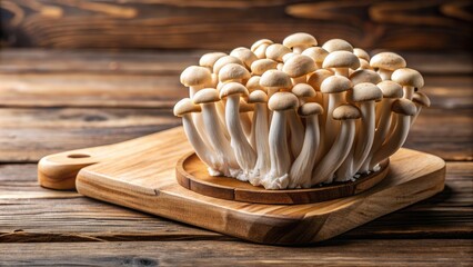 Fresh hon-shimeji mushrooms on a wooden cutting board , hon-shimeji, mushrooms, fungi, organic, fresh, vegetables, cooking