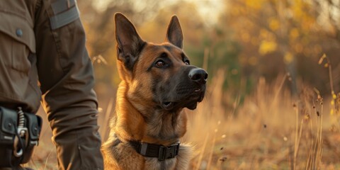 Obraz premium Training Belgian Malinois for bite work and defense skills alongside a law enforcement canine trainer in obedience.