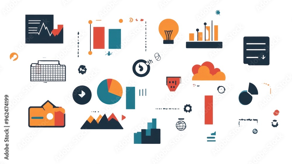 Poster a colorful image of various shapes and symbols, including a clock, a mountain