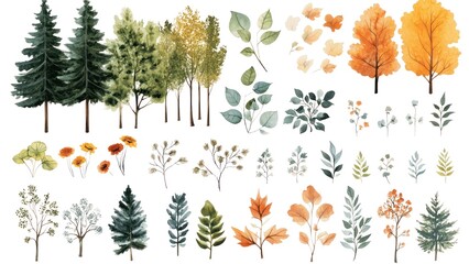 A collection of trees and leaves in various colors, including green, yellow