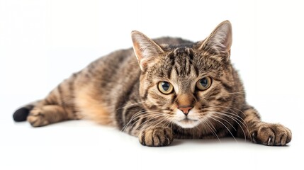 Obraz premium A cute tabby cat lying on its belly with its paws forward and looking directly at the camera.