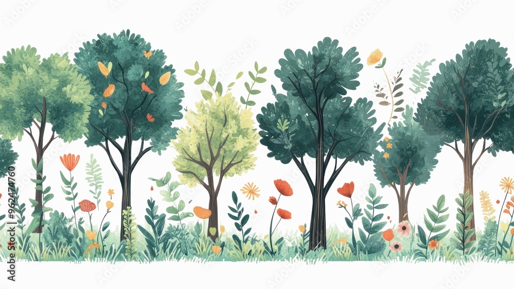 Poster A row of trees with flowers in between them
