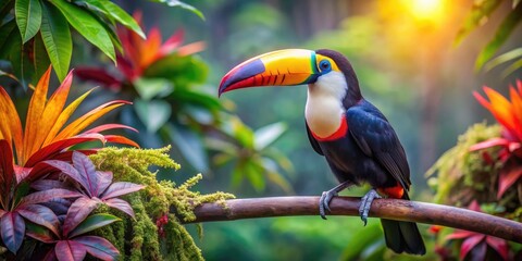 Obraz premium Vibrant toucan perched on a branch in a tropical rainforest with colorful foliage , toucan, vibrant, perched, branch
