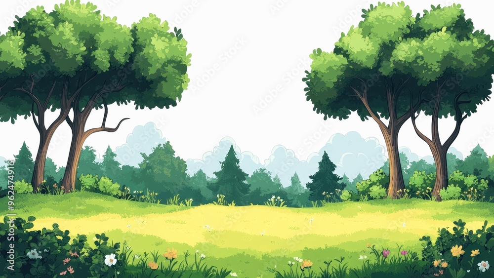 Poster a lush green field with two trees in the foreground