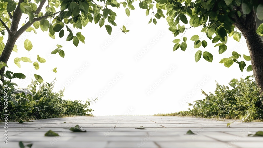 Poster a tree with green leaves is in the foreground and a white background