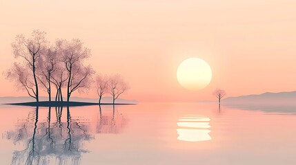 A minimalist landscape with a sunset over calm water, featuring a few simple trees and soft reflections in the water, drawn in soft pastel tones. 8k UHD, suitable for high-quality printing or 