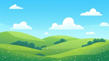 Fototapeta premium A simple landscape illustration of rolling green hills with a blue sky and fluffy white clouds, using soft gradients and flat design elements. 8k UHD, suitable for high-quality printing or digital 