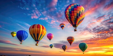 Naklejka premium Colorful hot air balloons floating in the sky at sunset, sunset, air balloons, hot air, colorful, sky, clouds, travel