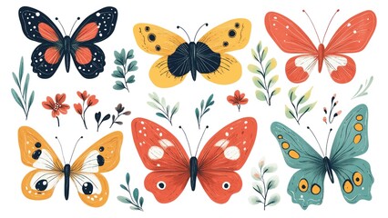 A set of colorful butterflies with flowers in the background