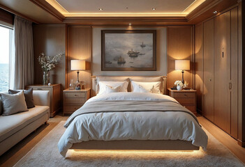 A super luxury yacht bedroom interior