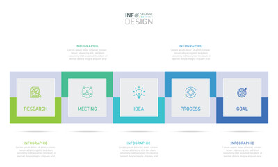 Business infographic presentation process or process design template with 5 step process options for tasks and website design.