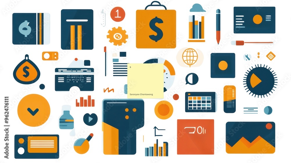 Poster A colorful image with many different shapes and objects, including a dollar sign