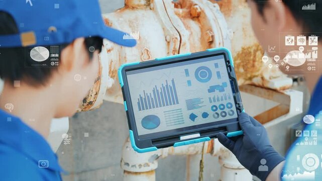 タブレットで機械を点検するエンジニアとデジタルデータ