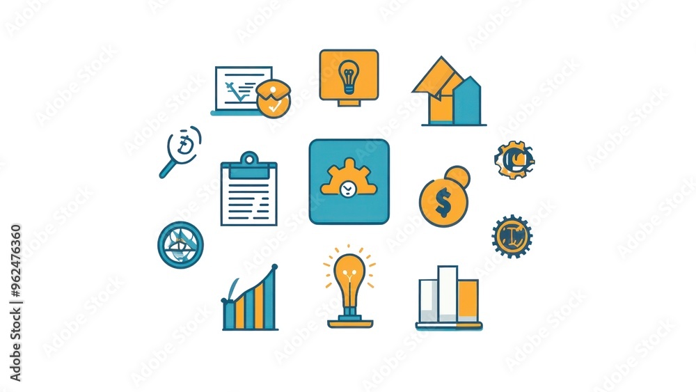 Aufkleber A collection of icons and graphics that represent various aspects of business