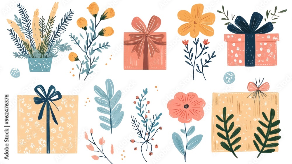 Poster A set of colorful flowers and boxes with bows on them