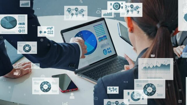 Mixed media of group of business people meeting and business data concept