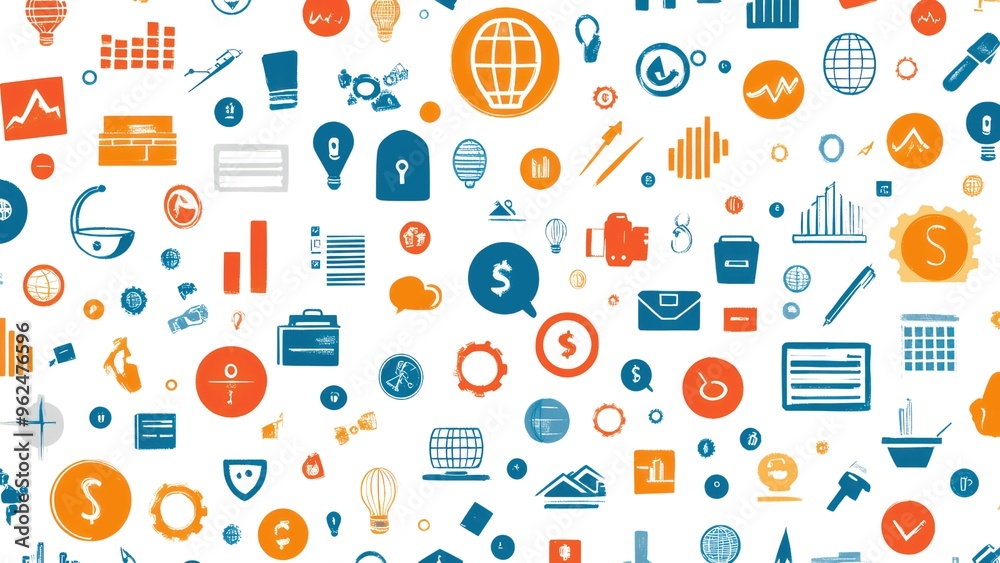 Poster A colorful background with many icons and symbols, including a clock