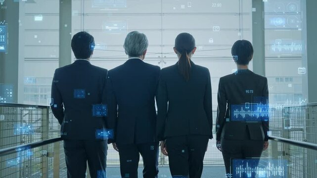 ロビーを歩くビジネスパーソンのグループとデジタルテクノロジー