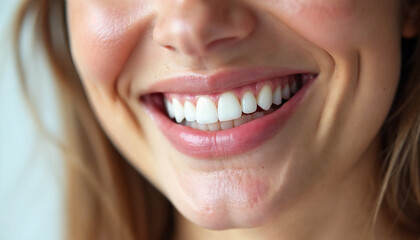 Close-up of a woman's radiant smile, showcasing clean, gleaming teeth and beautifully shaped lips against a white background.







