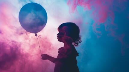 A child is seen in silhouette, holding a balloon amidst swirling pink and blue smoke, creating a dreamlike and ethereal atmosphere. The soft, mysterious lighting enhances the sense of wonder and