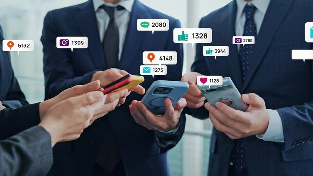 Mixed media of people looking at smartphones and app notifications concept