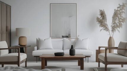 Innovative modern living room design with mockup poster, furniture, art, and white wall.