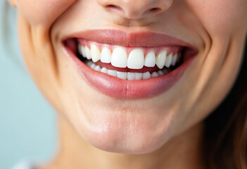 Close-up of a woman's radiant smile, showcasing clean, gleaming teeth and beautifully shaped lips against a white background.







