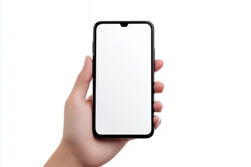 A hand holding a black smartphone with a blank white screen.
