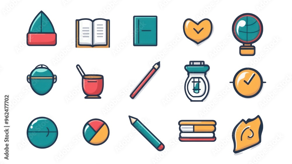 Poster a collection of icons for various items such as a book, a clock, a pencil
