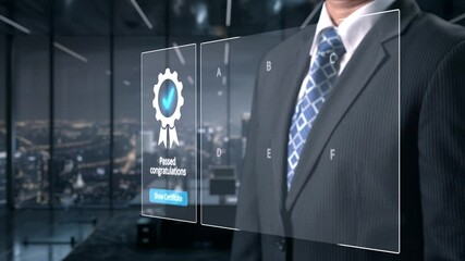 Business person secures product certification, marking a key achievement. Demonstrates commitment to quality and trustworthiness by having product certification passed. UUID