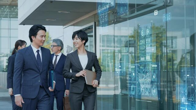 歩きながら会話するビジネスパーソンのグループとデジタルテクノロジー