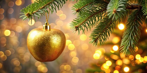Golden Christmas apple hanging on a festive tree, Christmas, apple, ornament, decoration, gold, shiny, holiday, celebration