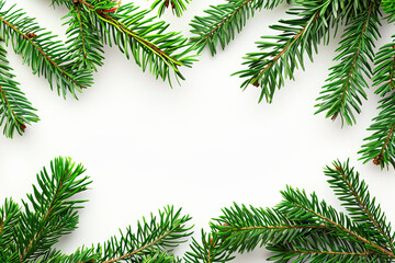 Obraz premium Snow-covered evergreen forest with various conifer species like spruce, pine, and fir trees. Winter scene with a mix of white and green colors, evoking a serene and cold ambiance.