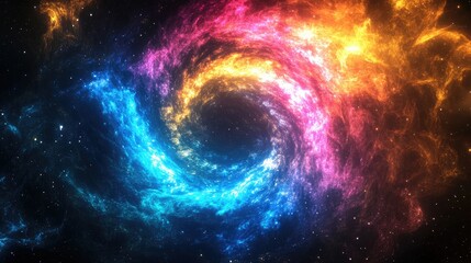 Obraz premium Spiral of neon light rays in blue, pink, yellow, and purple, capturing the energy of a galaxy explosion on a black universe background