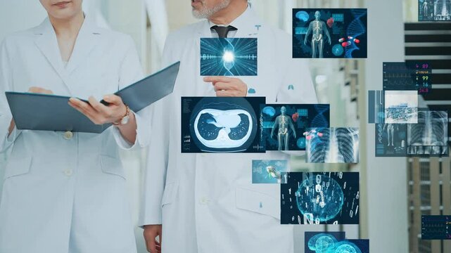 Mixed media of researchers walking and talking, medical technology concept