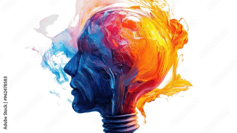 Poster a painting of a head with a light bulb on it