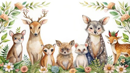 Fototapeta premium Watercolor s of vintage style woodland animals , watercolor, vintage, woodland, animals, icons, s, nature, forest, retro, design