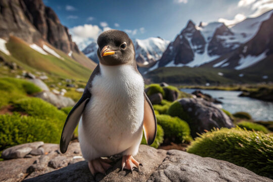 Young Penguin Standing on Rock in Mountainous Landscape - Powered by Adobe