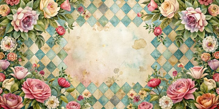 Watercolor floral frame with Alice in Wonderland theme on a grunge diamond Victorian background, watercolor