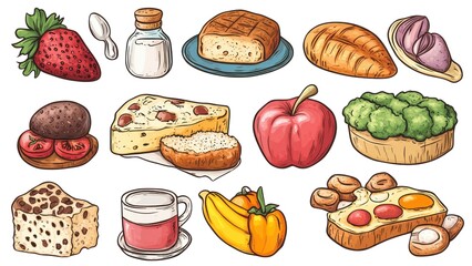 A collection of food items including bread, cheese, fruit, and vegetables