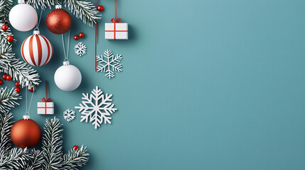Fototapeta premium Festive holiday decorations with ornaments, snowflakes, and gifts create cheerful atmosphere. Perfect for Christmas celebrations.