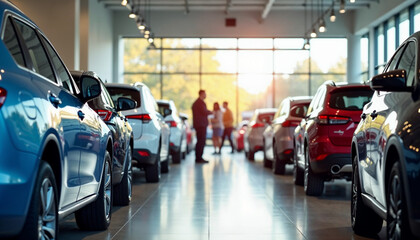 A customer representative showcases new cars to clients in a sleek and modern dealership showroom.






