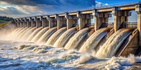 Close-up of a dam's turbine in action, water rushing through to produce electricity, highlighting the power of sustentation