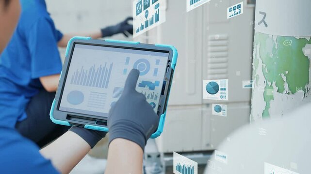 Mixed media of worker inspecting machine using tablet and digital technology concept