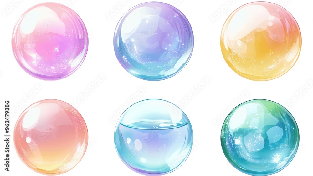 Poster a set of six colorful glass orbs, each with a different color