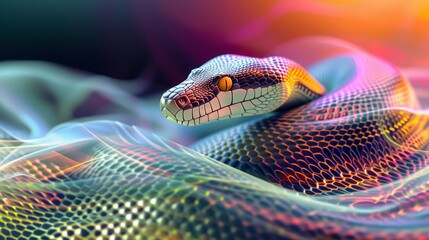 Fototapeta premium A vibrant image of a robotic snake with multicolored, glowing scales. The background features a blend of soft, flowing lines and vivid colors, creating a striking contrast with the detailed