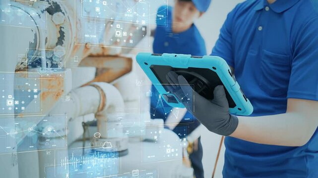 Mixed media of worker inspecting pipes and digital technology concept