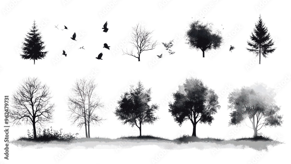 Poster a series of trees in various stages of growth, with birds flying around them